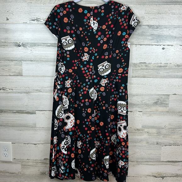 Oten Fit Flare Dress Women’s XL Black Sugar Skull Day Of Dead Pin Up Hot Topic - Picture 4 of 7
